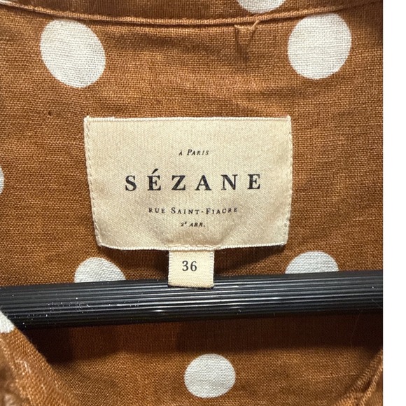 Sezane Polka Dot Linen Maxi Dress Brown White Button Front Short Sleeve Size 36 - Picture 4 of 5